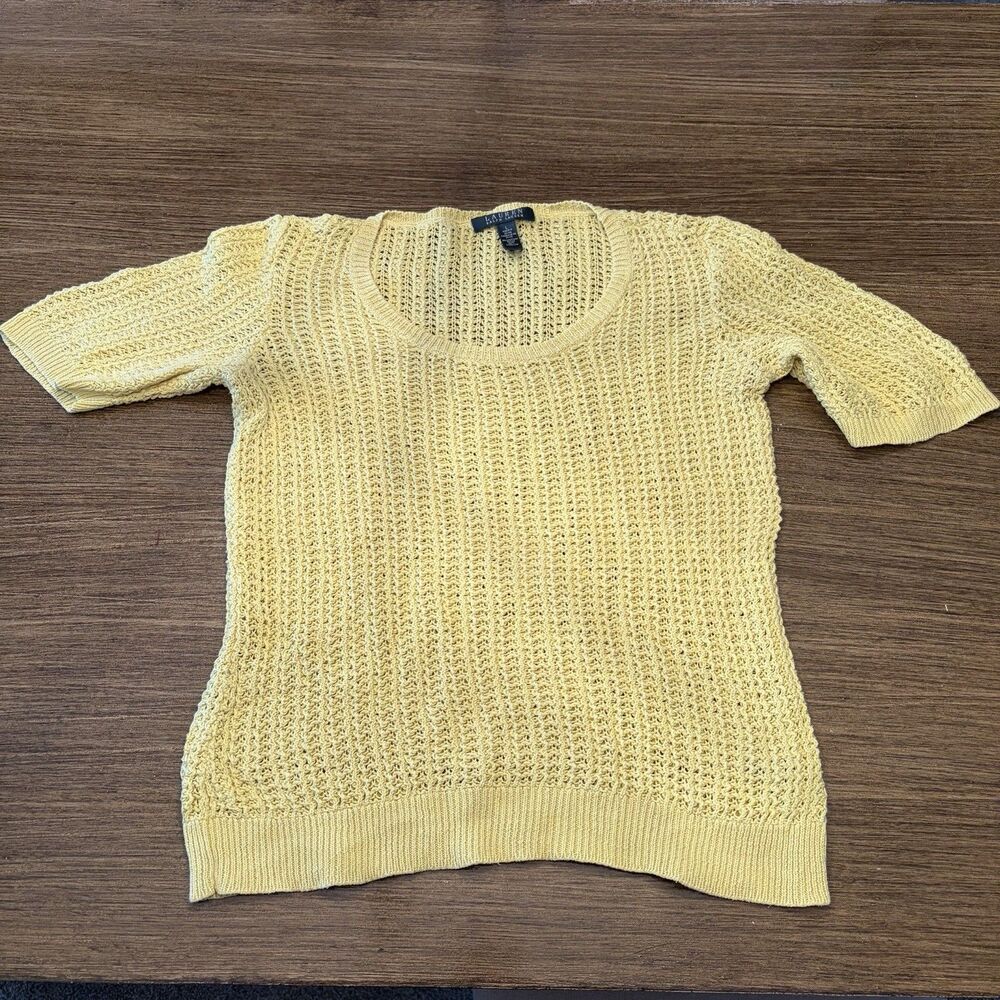 Lauren Ralph Lauren Womens Sz Med Linen Blend  Crochet Knit Shirt Yellow Easter